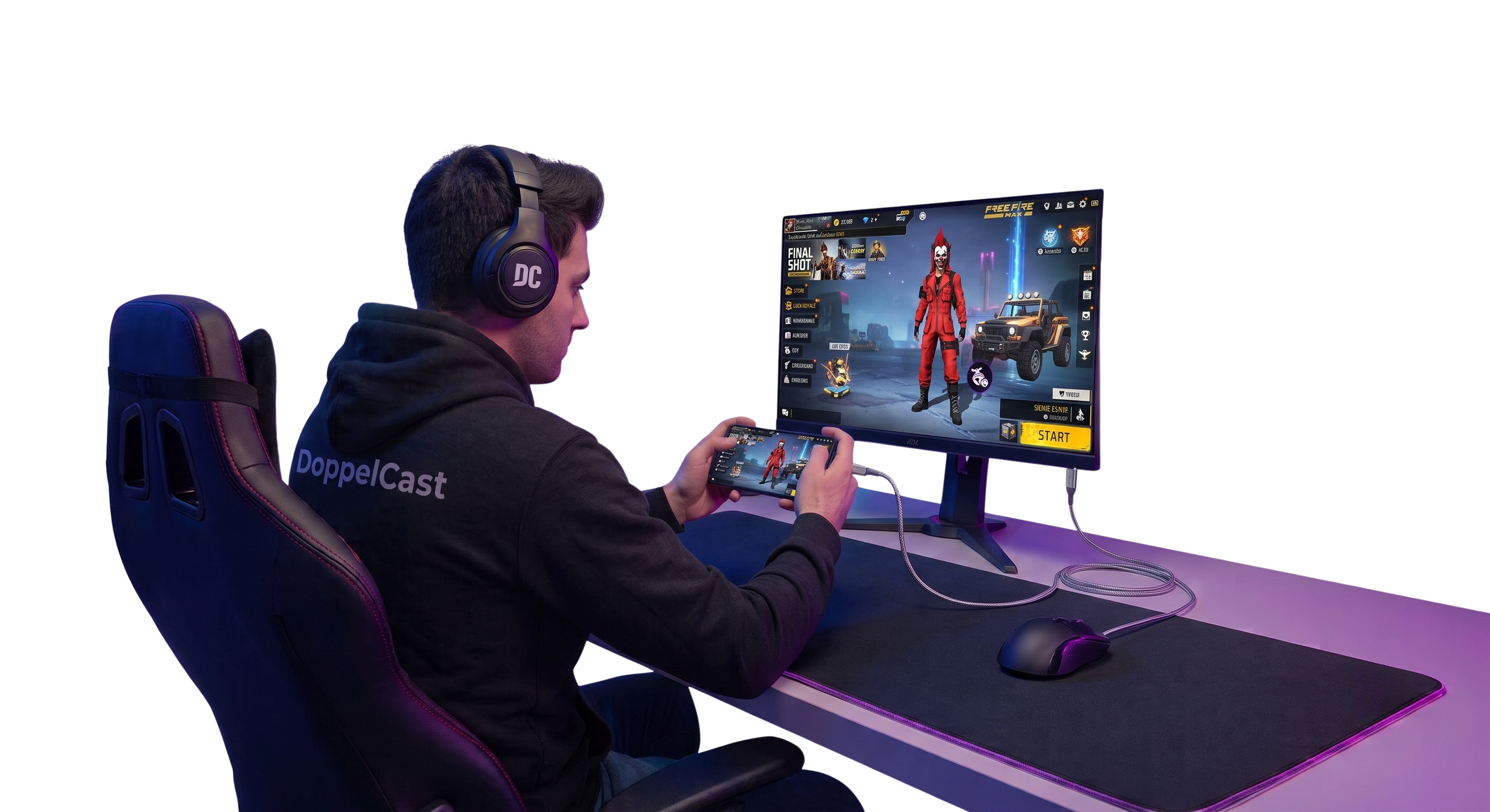 Gamer using DoppelCast to mirror and record Android gameplay from a phone to a monitor over USB